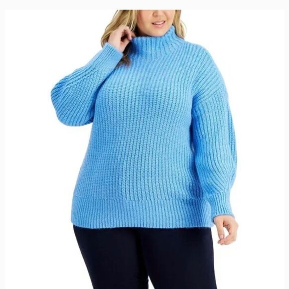 Alfani Blue/Silver Long Sleeve Boho Chunky Knit Mock-Neck Metallic Sweater - Picture 1 of 10